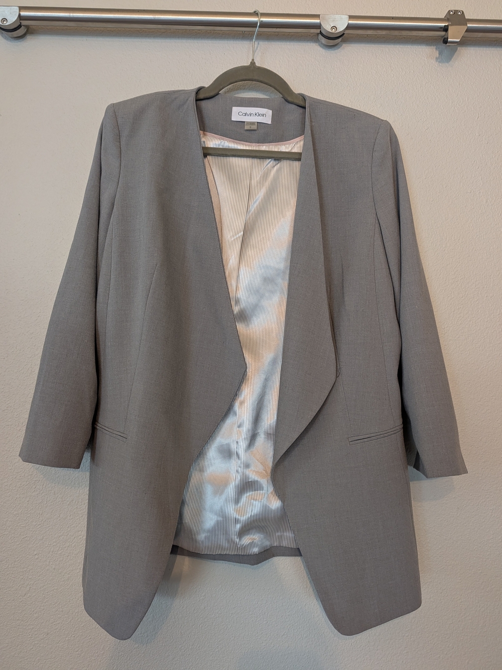 Calvin Klein Ruched 3/4 Sleeve Open Front Draped Blazer Heather Gray - Size 10